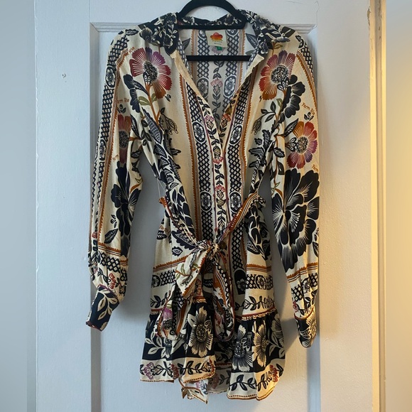 Farm Rio Silk Shirtdress | Tiered Belted Floral Mini-Dress | Size S - Picture 2 of 5